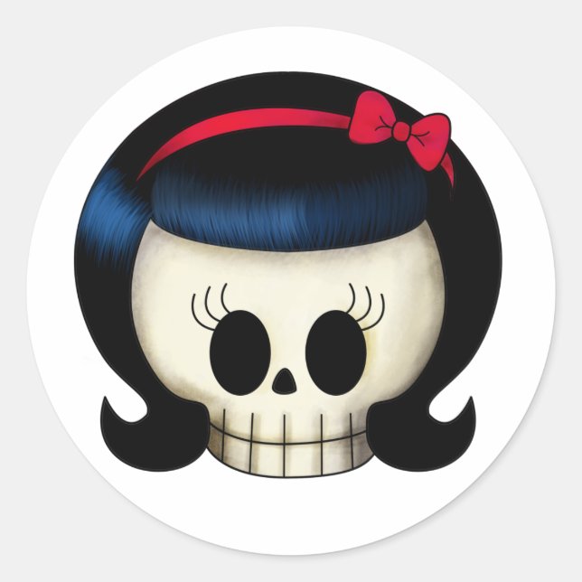 Pegatina Redonda Calavera de Rockabilly Chica (Anverso)