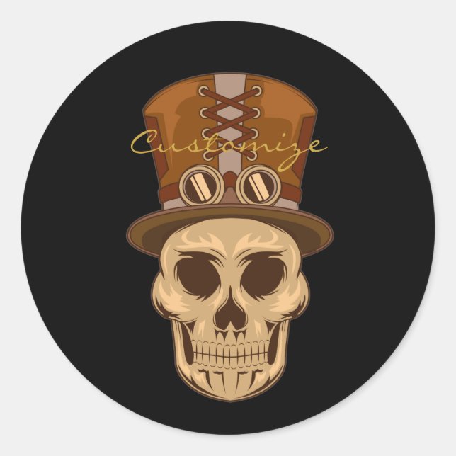 Pegatina Redonda Calavera de Steampunk en Top Hat Thunder_Cove (Anverso)