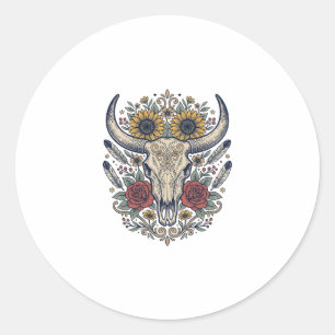 Pegatina Redonda Calavera de toro floral vintage occidental