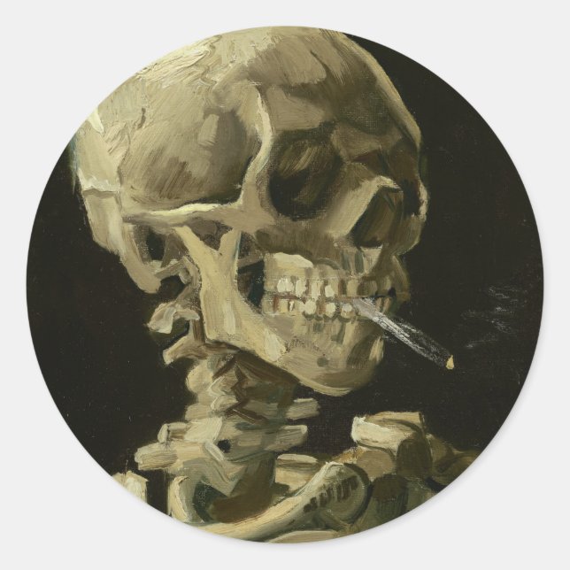 Pegatina Redonda Calavera de un esqueleto con cigarrillo en llamas (Anverso)