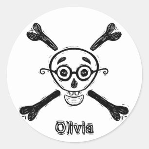 Pegatina Redonda Calavera de vintage y huesos cruzados con anteojos