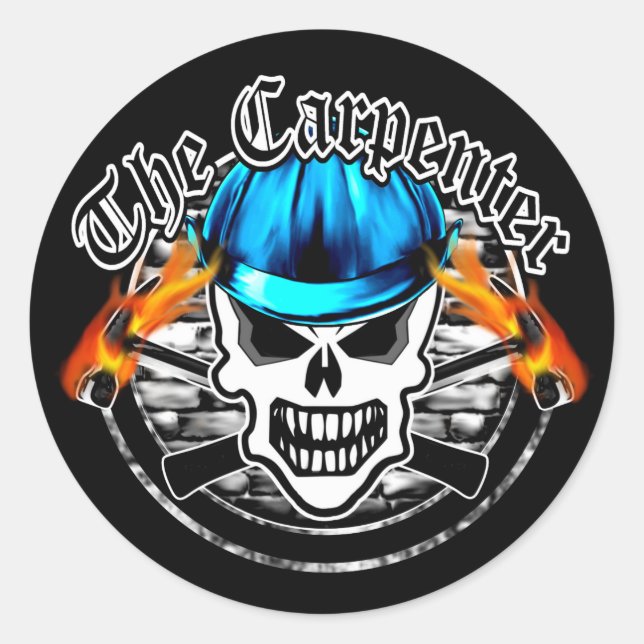 Pegatina Redonda Calavera del carpintero y Gorra duro azul (Anverso)