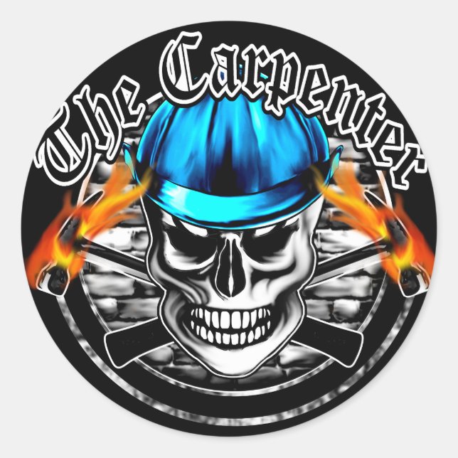 Pegatina Redonda Calavera del carpintero y Gorra duro azul (Anverso)