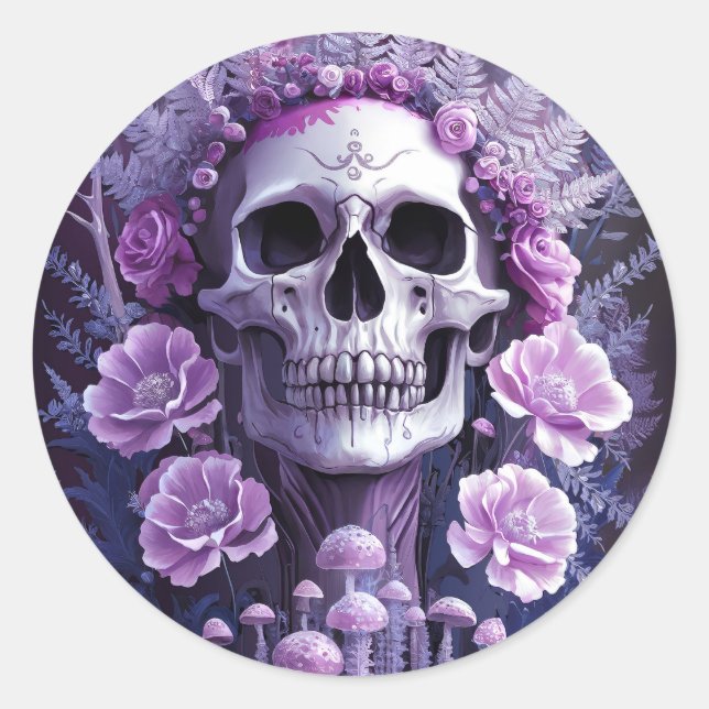 Pegatina Redonda Calavera del Gótico del Jardín Lilac, fantasía mor (Anverso)