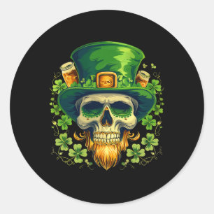Pegatina Redonda Calavera Día de San Patricio Cráneo Irlandés Duend