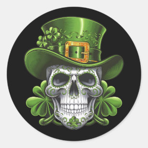 Pegatina Redonda Calavera Día de San Patricio Trébol