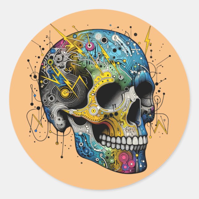 Pegatina Redonda Calavera electromecánica (Anverso)