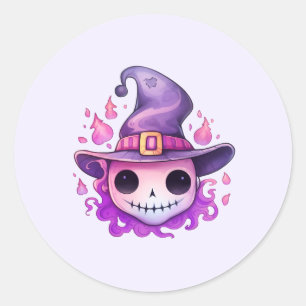 Pegatina Redonda Calavera en sombrero de bruja caprichosa