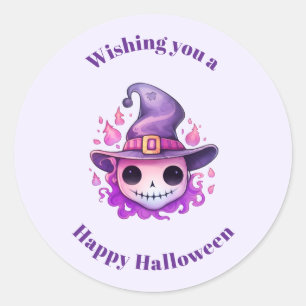 Pegatina Redonda Calavera en sombrero de bruja caprichoso Halloween