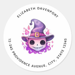 Pegatina Redonda Calavera en sombrero de bruja Dirección caprichosa