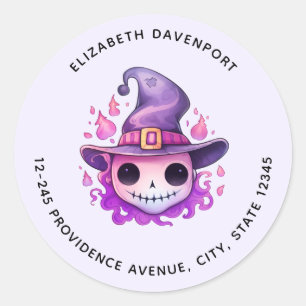 Pegatina Redonda Calavera en sombrero de bruja Dirección caprichosa