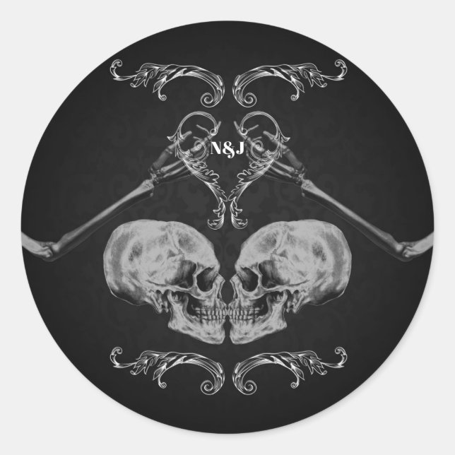 Pegatina Redonda "Calavera enamorada" esqueletos de época Boda negr (Anverso)