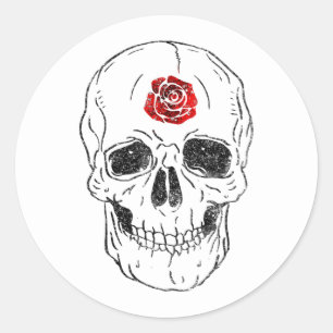 Pegatina Redonda Calavera Esqueleto Huesos Rosa Negra y Roja Purpur