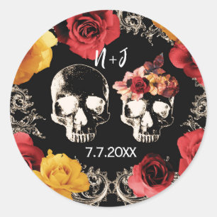 Pegatina Redonda Calavera Esqueleto Rojo Amarillo Floral Boda Otoño