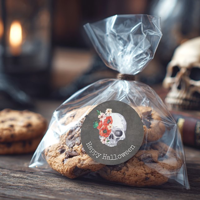 Pegatina Redonda Calavera Floral (Floral Skull Halloween Sticker)
