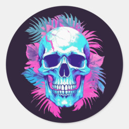 Pegatina Redonda Calavera floral al estilo de la onda de vapor