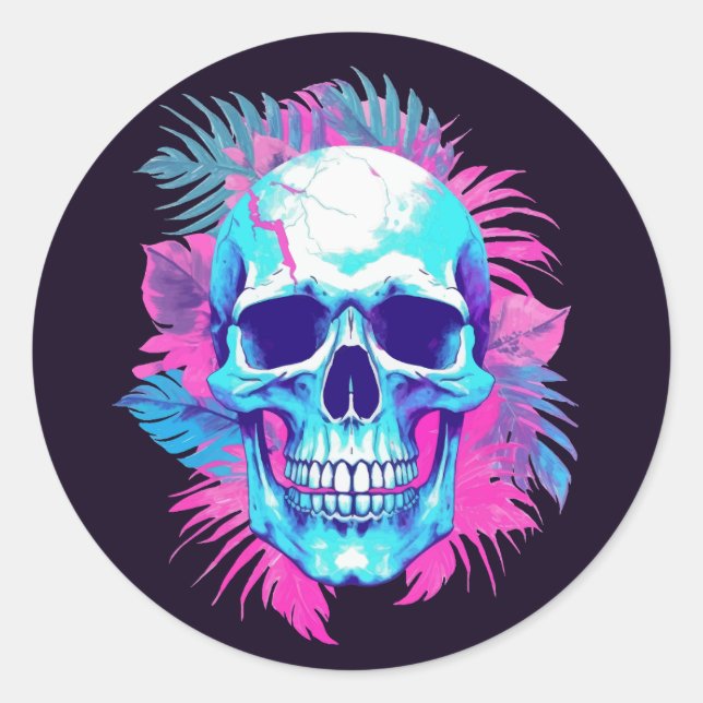 Pegatina Redonda Calavera floral al estilo de la onda de vapor (Anverso)