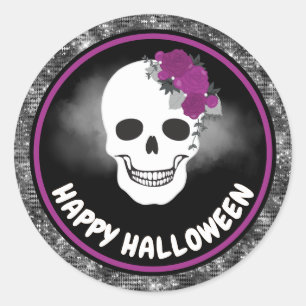 Pegatina Redonda Calavera Floral Blanca y Halloween de Purpurina Ne