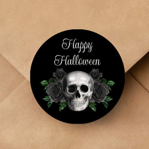 Pegatina Redonda Calavera Floral Gótica Negra Halloween