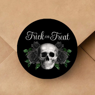 Pegatina Redonda Calavera Floral Gótica Negra Truco o Trato Hallowe