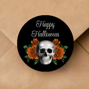 Pegatina Redonda Calavera Floral Gótico Negro Halloween