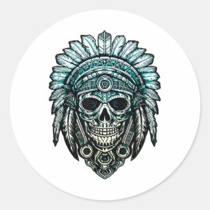 Pegatina Redonda Calavera, Gorra Principal Nativo, War Bonnet, Indi