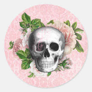 Pegatina Redonda Calavera gótica con Rosas   Halloween rosa