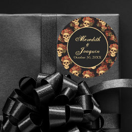 Pegatina Redonda Calavera gótica rosa roja Boda de Halloween negro