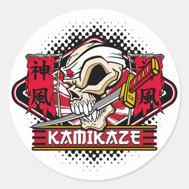 Pegatina Redonda Calavera kamikaze con espada japonesa (Anverso)