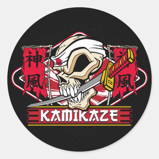 Pegatina Redonda Calavera kamikaze con espada japonesa (Anverso)