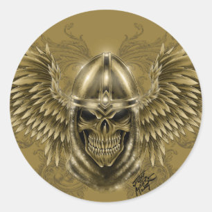 Pegatina Redonda Calavera medieval gótica templaria con alas