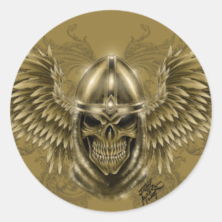 Pegatina Redonda Calavera medieval gótica templaria con alas