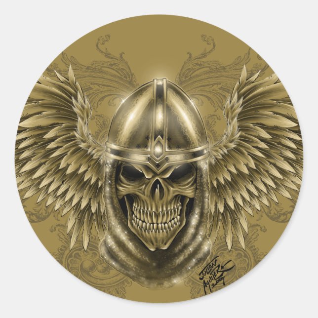Pegatina Redonda Calavera medieval gótica templaria con alas (Anverso)