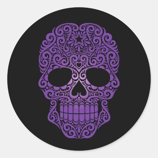 Pegatina Redonda Calavera morada de azúcar en negro (Anverso)