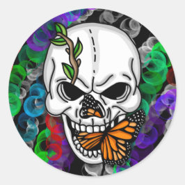 Pegatina Redonda Calavera negra y blanca con mariposa monarca