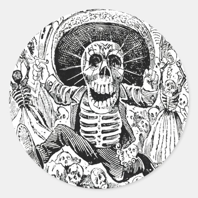 Pegatina Redonda Calavera Oaxaqueña por José Guadalupe Posada 1903 (Anverso)