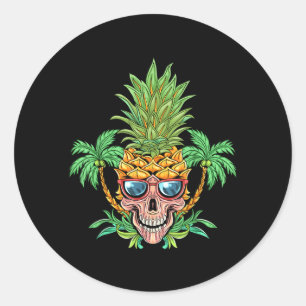 Pegatina Redonda Calavera Piña Aloha Playas Flores Hawaianas