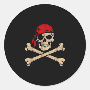 Pegatina Redonda Calavera pirata con bandana roja esqueleto hallowe