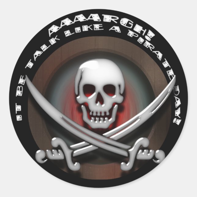 Pegatina Redonda Calavera pirata y cruces de espadas vidriosas (Anverso)