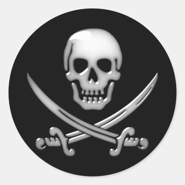Pegatina Redonda Calavera pirata y cruces de espadas vidriosas (Anverso)