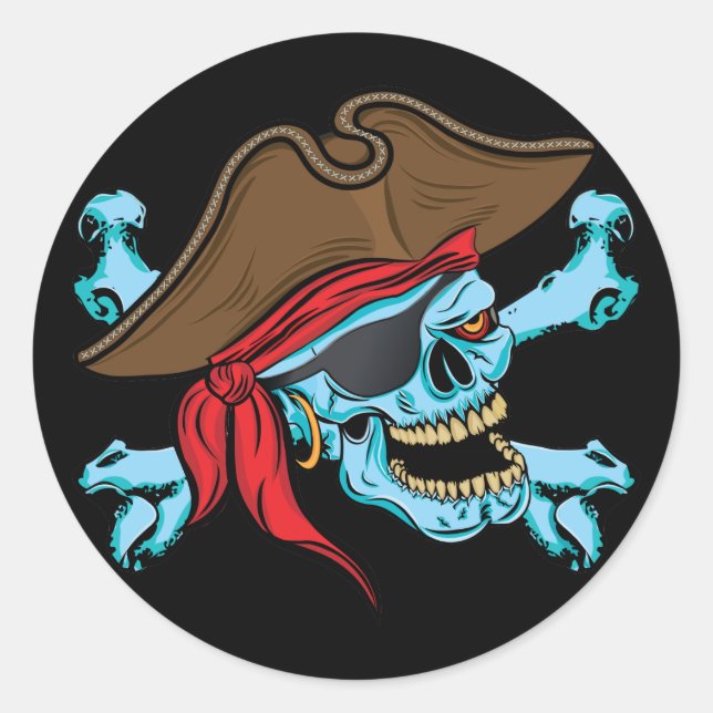 Pegatina Redonda Calavera pirata y encrucijada (Anverso)