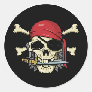 Pegatina Redonda Calavera pirata y encrucijada
