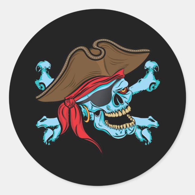 Pegatina Redonda Calavera pirata y hueso cruzado (Anverso)