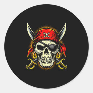 Pegatina Redonda Calavera pirata y huesos cruzados esqueleto hallow