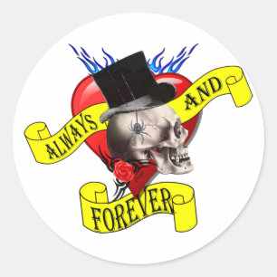 Pegatina Redonda Calavera romántica y tatuaje al corazón de San Val