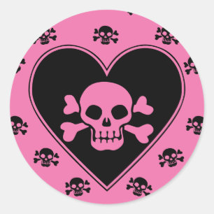 Pegatina Redonda Calavera rosa en el corazón