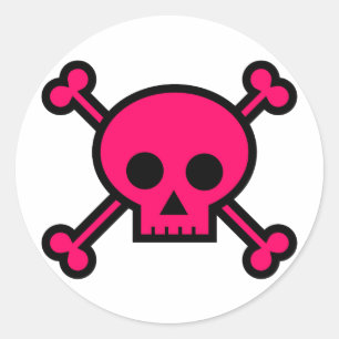 Pegatina Redonda Calavera rosa y huesos cruzados