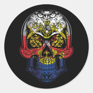 Pegatina Redonda Calavera rusa y bandera de Rosas