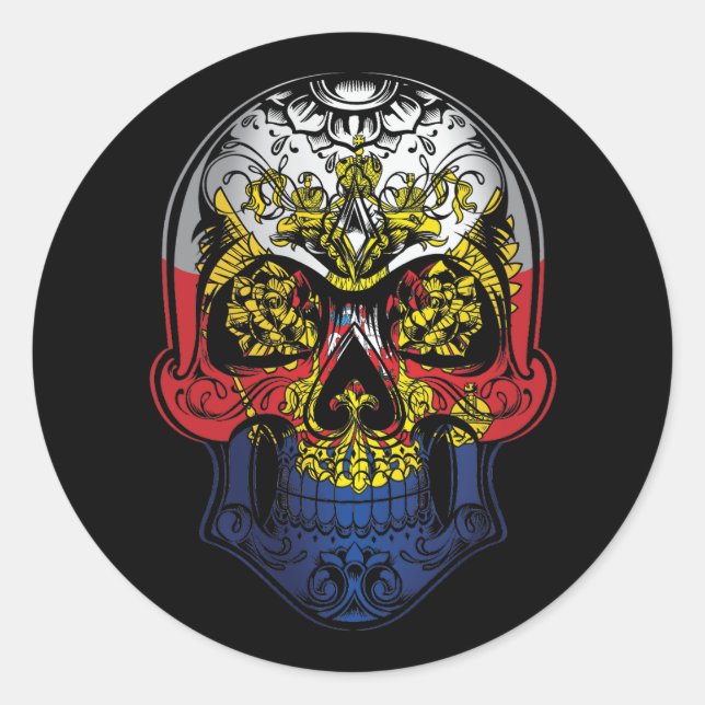 Pegatina Redonda Calavera rusa y bandera de Rosas (Anverso)