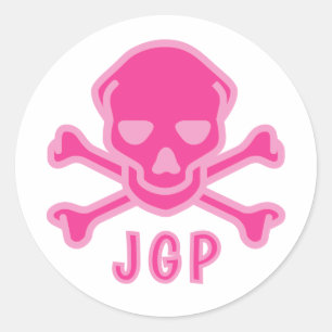 Pegatina Redonda Calavera y huesos cruzados rosados juguetones para